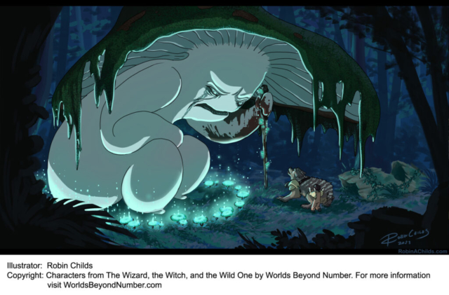 A massive mushroom spirit, weeping and angry, looms over a small child and a young fae creature.