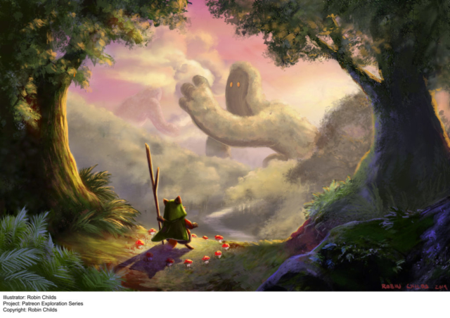 Fantasy illustration, A fox wizard steps out of a fairy ring to meet the giants of the clouds and hills