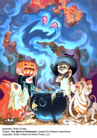 Four woodland creatures in Halloween costumes gather around a cauldron from which they have summoned a smoky spooky spirit. A squirrel in a ghost costume holds a basket of eggs. A mole in a Frankenstein's monster costume holds a pumpkin. A hedgehog in a witch costume stirs the cauldron, and a mouse as a toilet paper mummy cheers as the smoke creature appears.