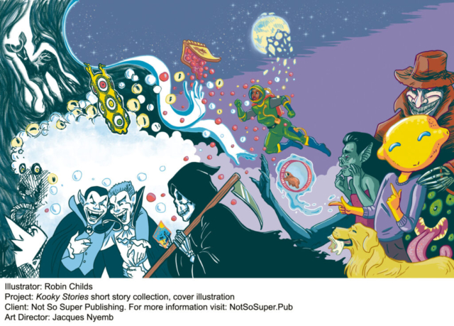 Cover illustration depicting a parade of different characters and styles, including laughing vampires, a grim reaper on vacation, a 1950s style astronaut, strange creatures and monsters, a smiling lemon-head man, and a golden retriever with a human jaw bone.