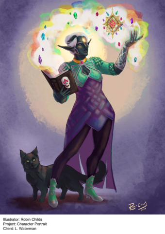 A drow mage, sorceress, warlock casting a magic spell with floating gems and a black cat familiar. Character portrait, D&D, dungeons and dragons role-playing game