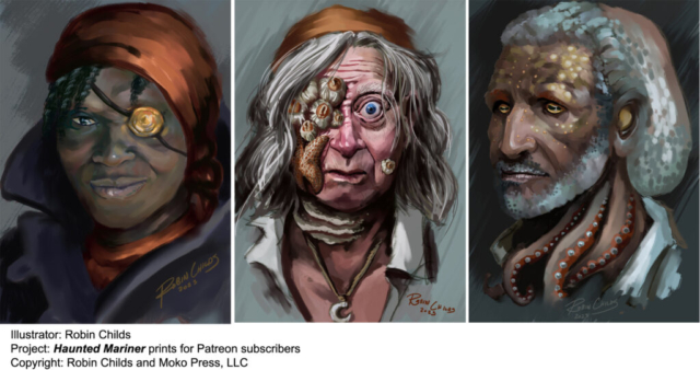 Painted portraits of three haunted mariners, sea captains cursed with horrific deformities, or who are creatures not human, or simply wary adventuring seafarers.
