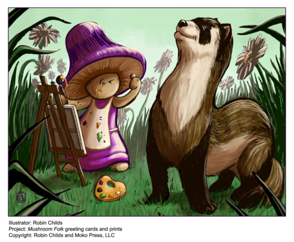 Illustration of a mushroom painter and a woodland ferret for The Mushroom Folk greeting cards