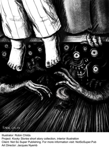 Kooky Stories, Not So Super Publishing, Jacques Nyemb art director, horror interior illustration of a monster under the bed