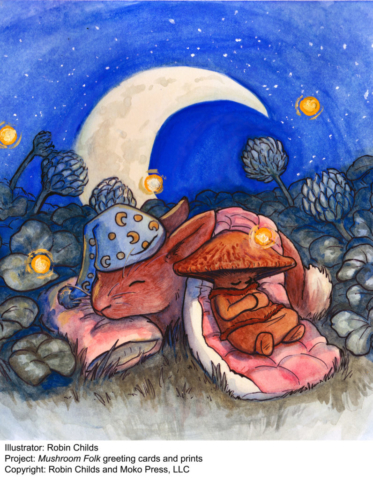 Watercolor illustration of a mushroom and a rabbit sleeping in a field of clover in front of a crescent moon.