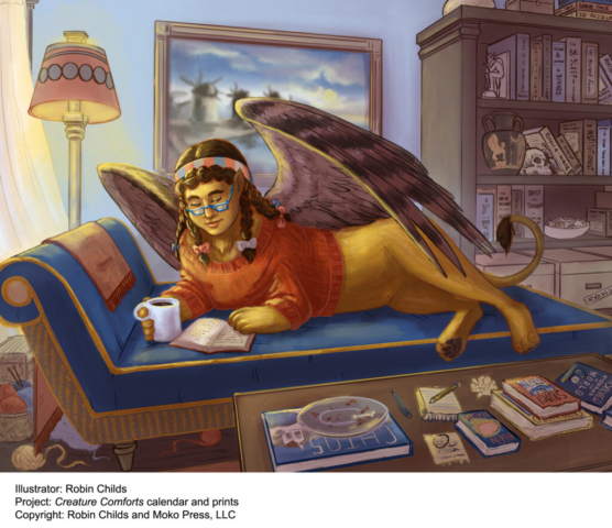 A sphinx reads a book in her cozy sunlit library.