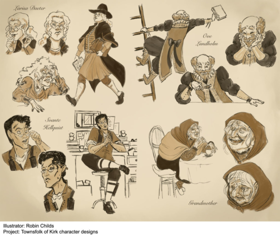 Character designs for four townsfolk, including a doctor, a librarian, a spymaster, and a crone. Clothing based on historical period dress.