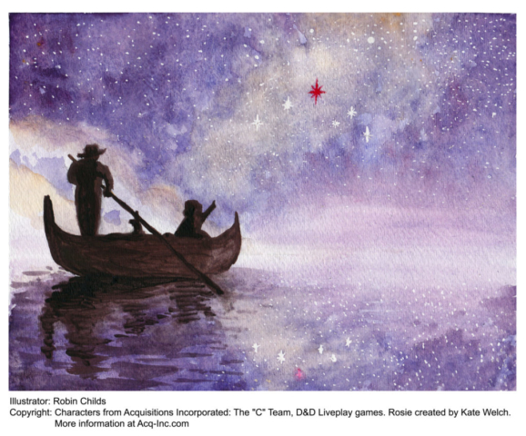 Watercolor of a boatman and a young child in a purple ocean of stars, following a single red star in the sky.