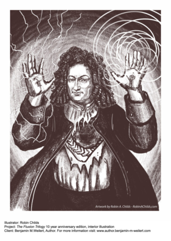 Fantasy version of Gottfried Liebniz with magical powers over lightning and sound waves, pencil drawing, interior book illustration, for The Fluxion Trilogy by Benjamin M. Weilert
