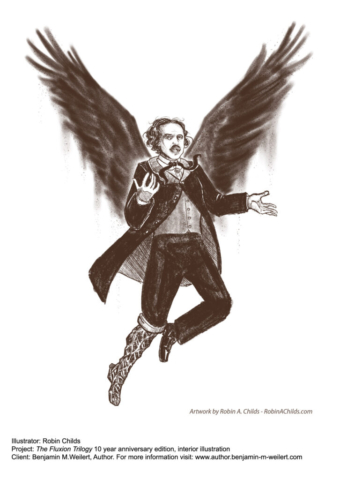 Fantasy version of Edgar Allan Poe flying with black sand wings and a glass leg prosthetic, pencil drawing, interior book illustration, for The Fluxion Trilogy by Benjamin M. Weilert