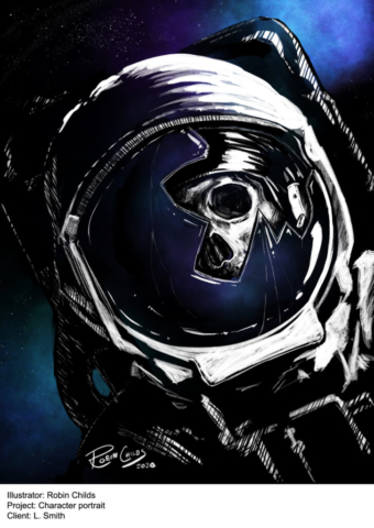 Horror illustration of the skeletal remains of an astronaut floating in space, the visor cracked open to expose the skull beneath