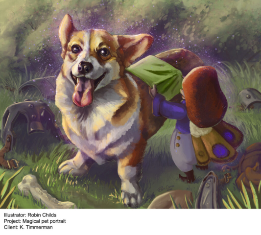 A fantasy pet portrait illustration of a magical corgi being saddled up by her fairy rider